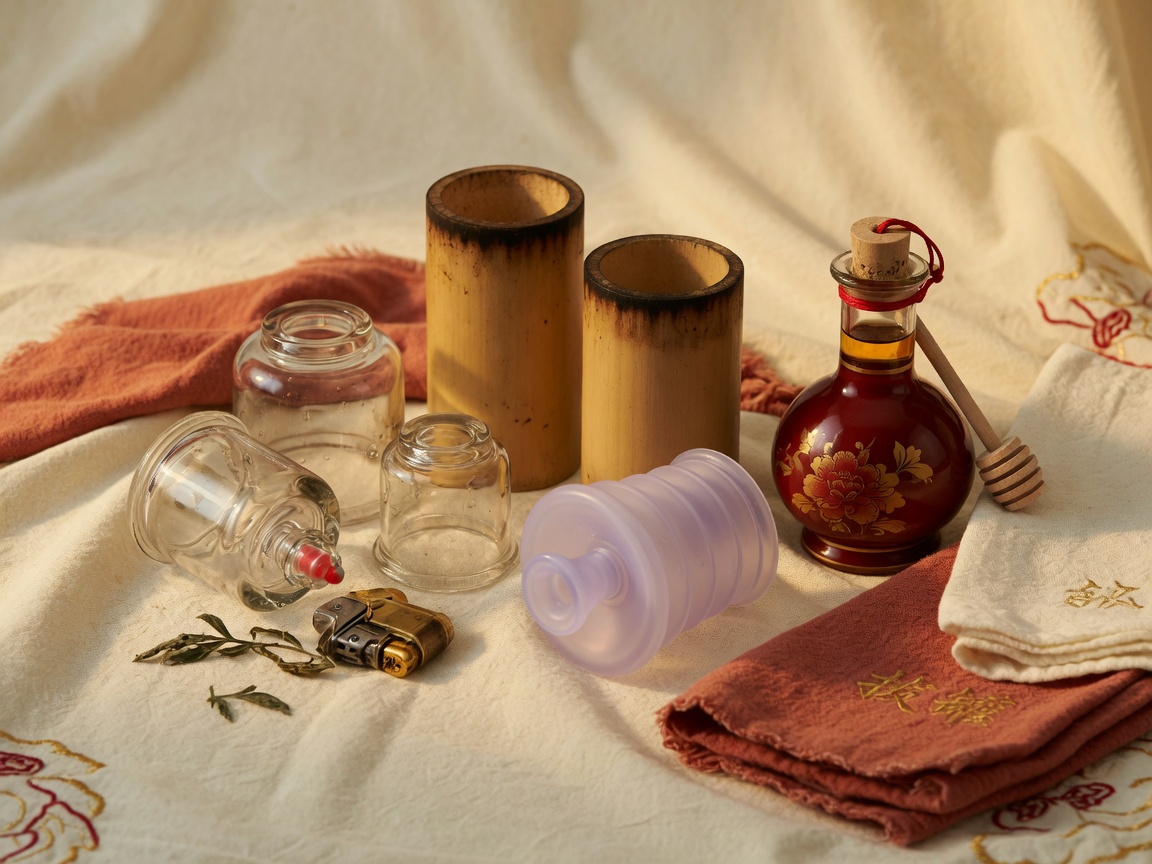 Glass cups placed on a person's back during a professional cupping therapy session