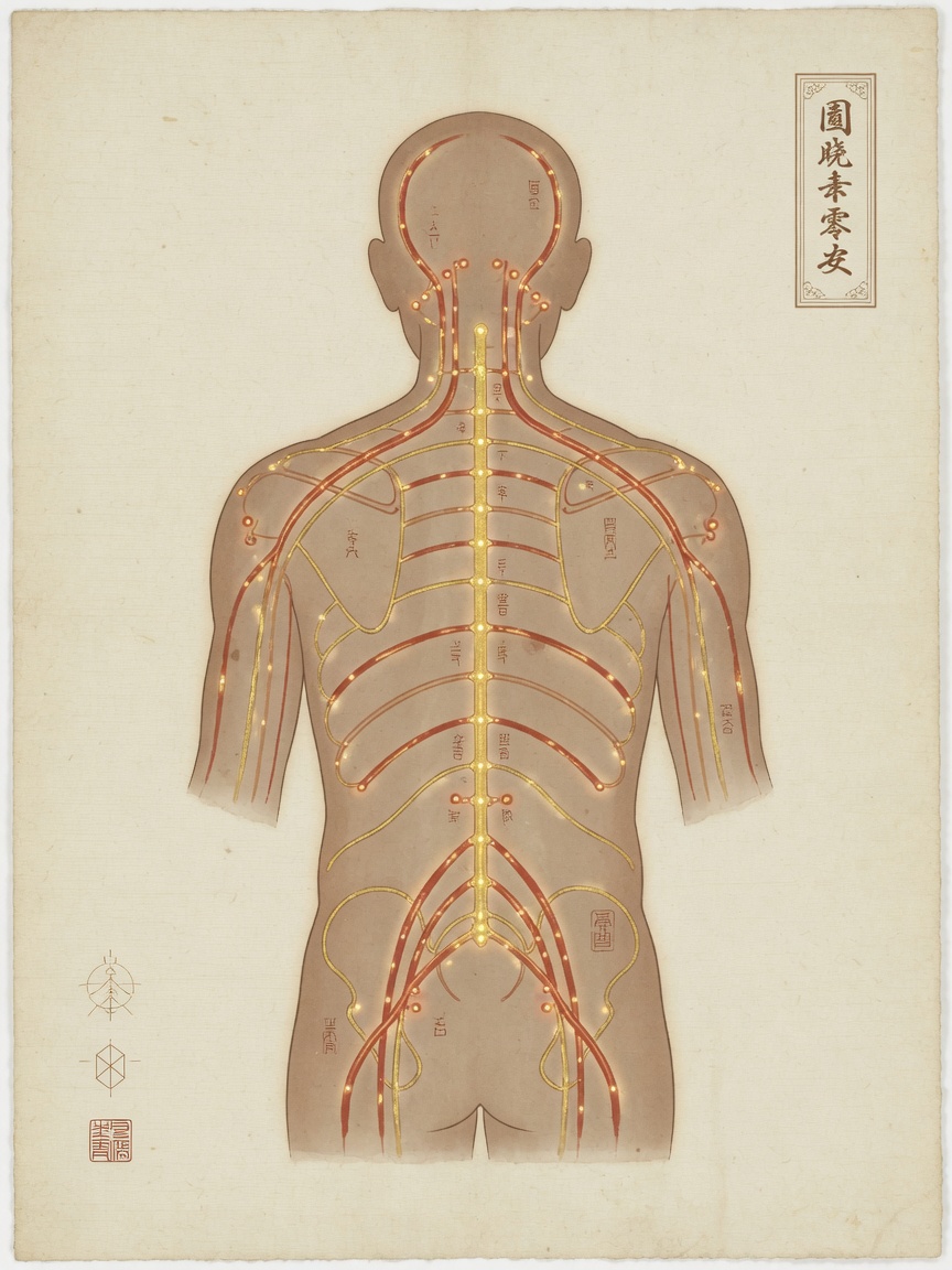 Artistic illustration of meridian pathways on the back