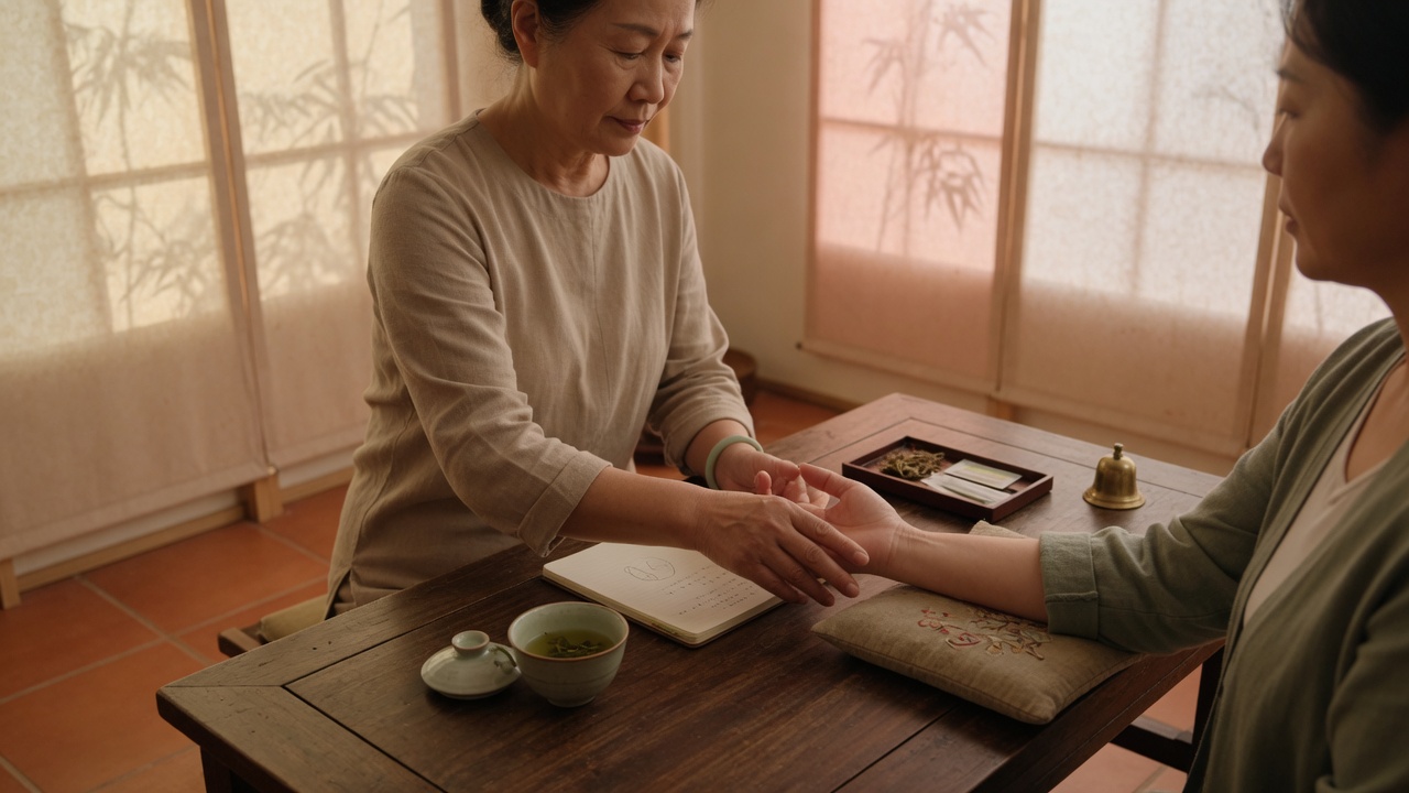 TCM practitioner checking a patient's pulse during consultation